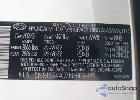 2022 Hyundai Santa Fe Sel from USA, damaged, VIN 5NMS34AJ7NH416889